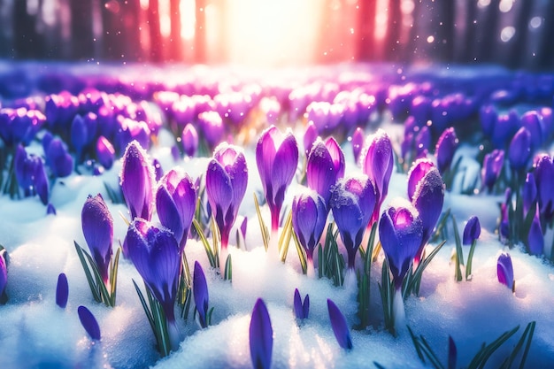 Purple crocuses emerging from under snow in early spring closeup with room for text banner