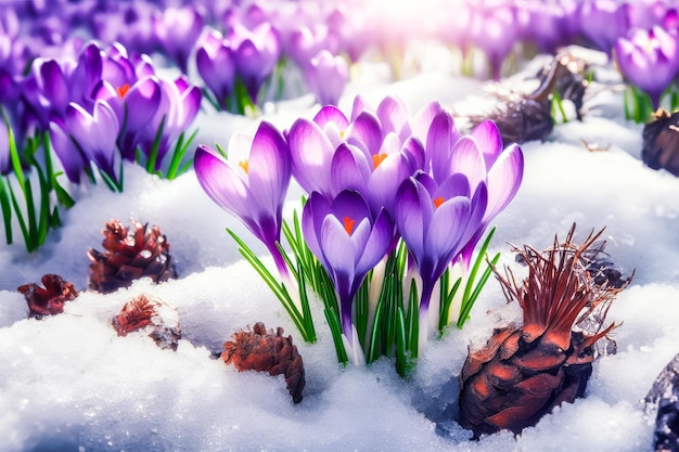 Purple crocuses emerging from under snow in early spring closeup with room for text banner