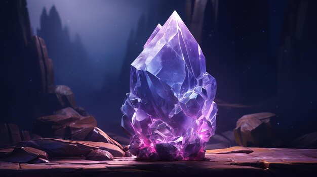 Purple crystal crystal rocks in the forest at nightGenerative AI