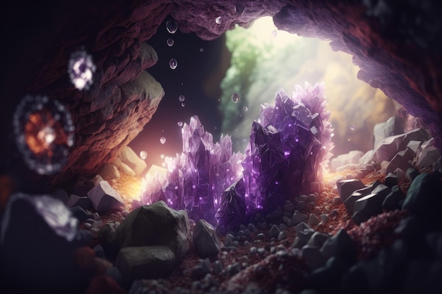 어두운 동굴에서 자라는 보라색 수정과 햇빛이 수정에 부딪쳤다.