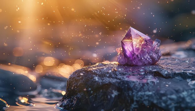 A purple crystal is on a rock in a body of water