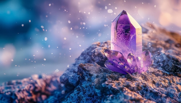 Photo a purple crystal is on a rock in a body of water