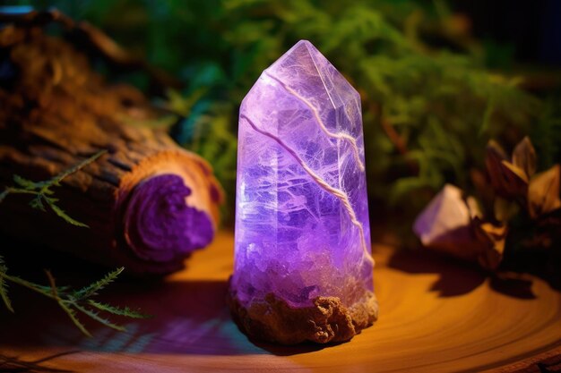 A purple crystal on a wood surface