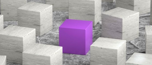 A purple cube sits among white cubes on a gray floor