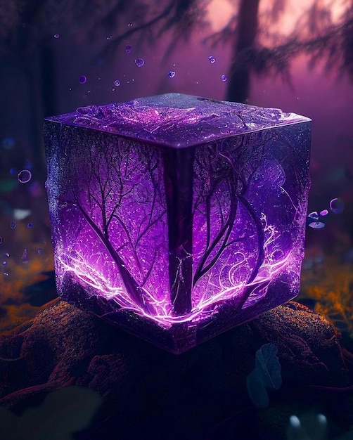 A purple cube with a tree inside.