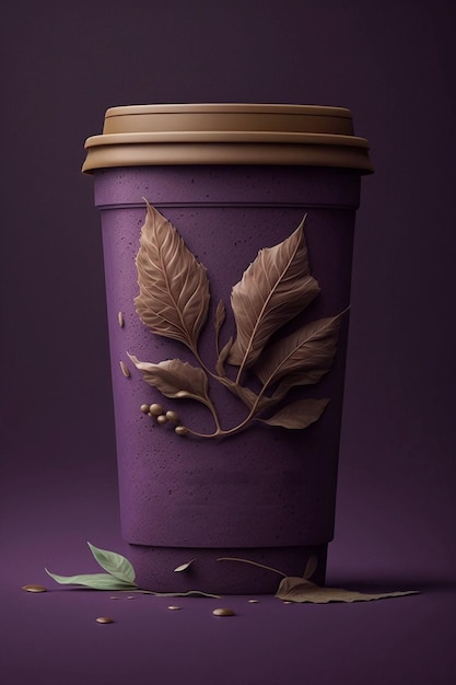 A purple cup with a leaf design on it