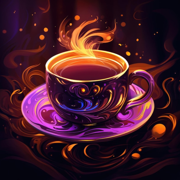 a purple cup with a saucer and a purple and orange swirly design