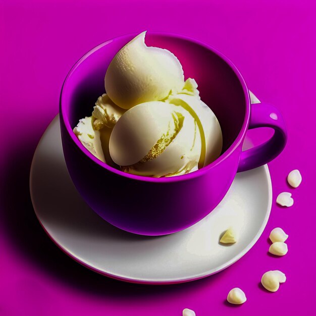 A purple cup with three scoops of vanilla ice cream on it.