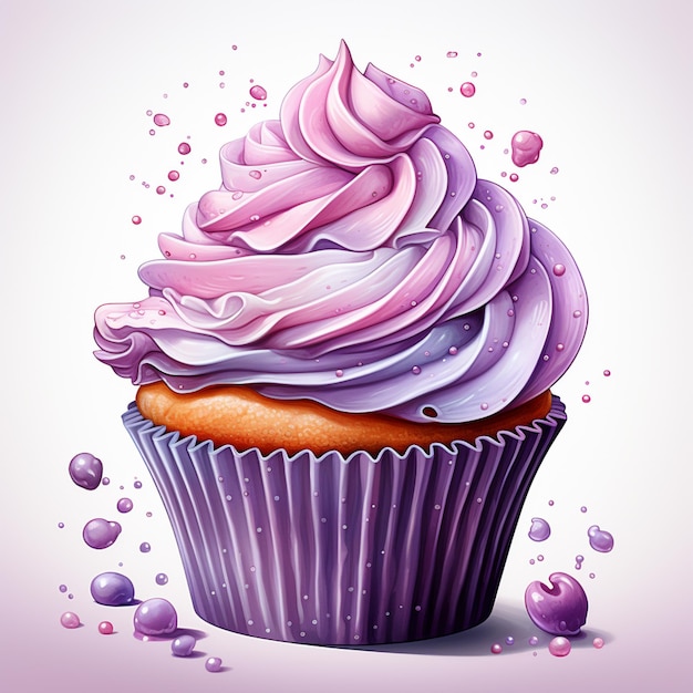 Purple cupcake with pink frosting and bubbles on a white background generative ai