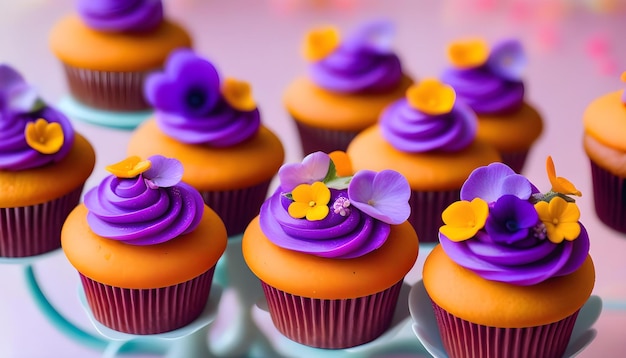 purple cupcakes with sugared edible flowers on a cake stand with a bokeh background