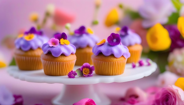 보케 배경으로 케이크 스탠드에 설탕이 들어있는 식용 꽃이 있는 보라색 컵케이크