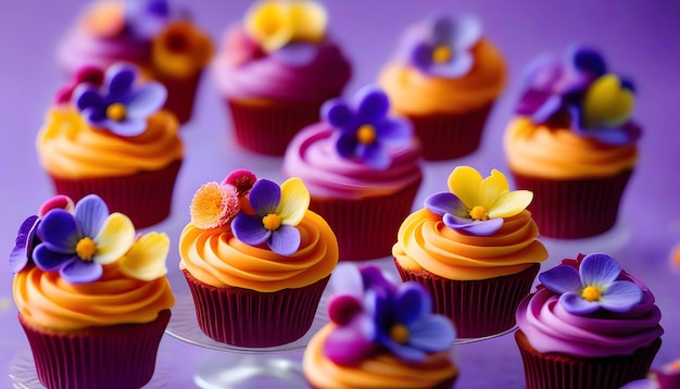 фиолетовые пирожные с сахарными съедобными цветами на стойке для пирога с фоном боке