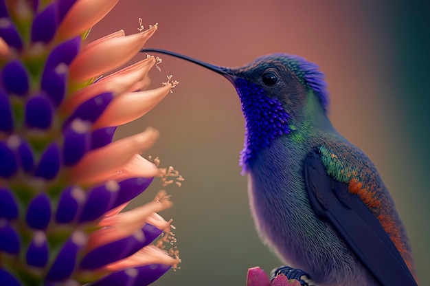 Purple cute hummingbird feeding from a hyacinth flower