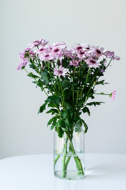 Purple daisies in a transparent vase on a grey background with space for your text