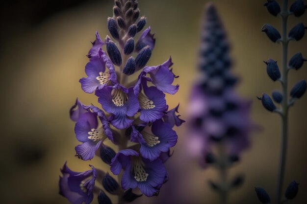 Purple delphinium retropilosum captured in a vertical selective focus photo