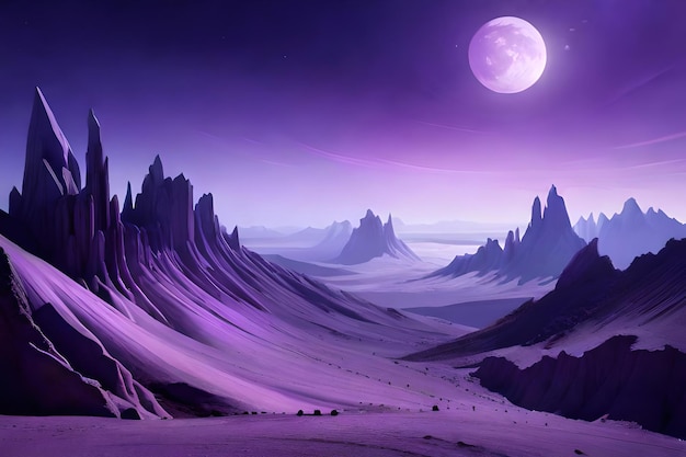 A purple desert with a moon in the sky