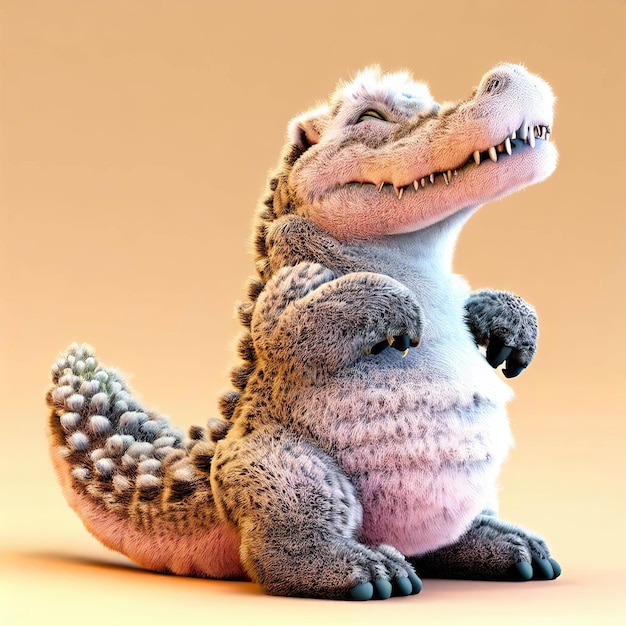 Фиолетовый динозавр с белым лицом и фиолетовым хвостом.