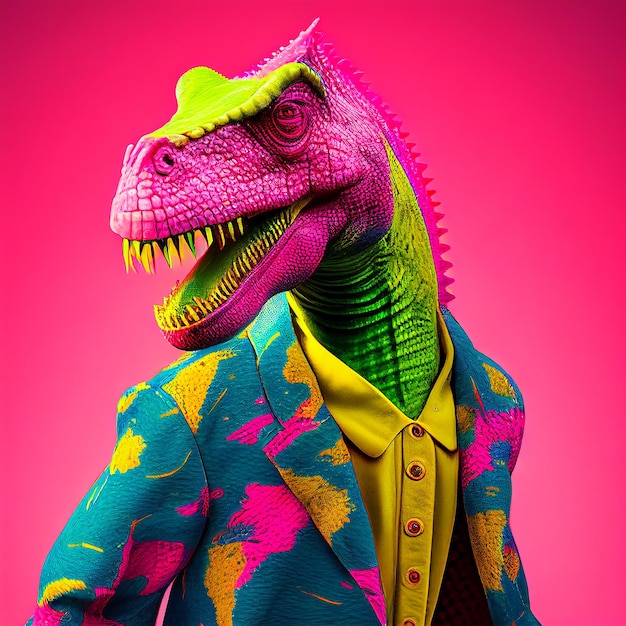 A purple dinosaur with a yellow shirt and blue jacket