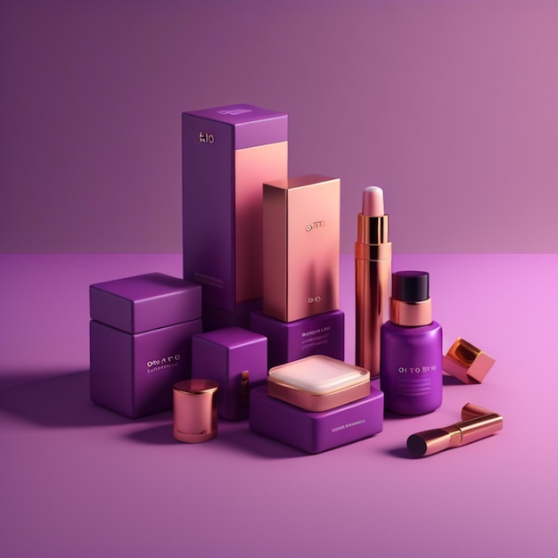 A purple display of cosmetics including a lipstick and a tube of lip gloss.