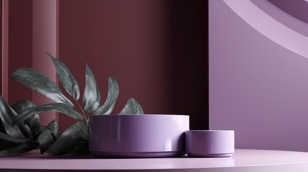 ピンクの壁に紫色のボウルと植物の紫色のディスプレイ。