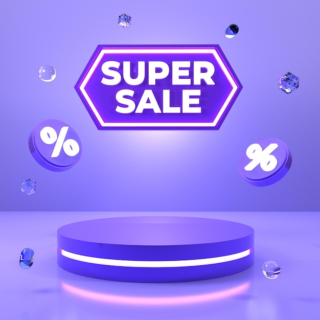 A purple display with a super sale sign on it.