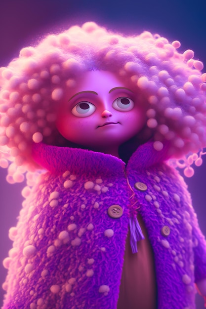 A purple doll with pink hair and a purple jacket with the word pink on it