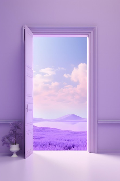 a purple door with a picture of a landscape and mountains.