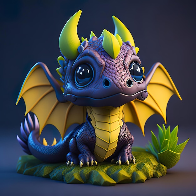 A purple dragon figurine with a yellow tail and a blue tail.