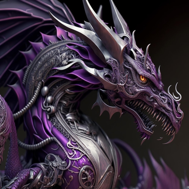 Photo purple dragon statue with a black background generative ai