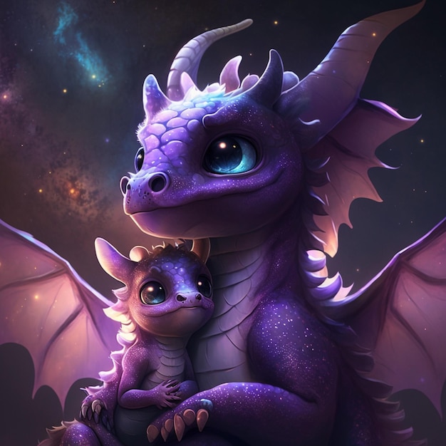 Purple dragon with baby sitting on its back in front of a galaxy background generative ai