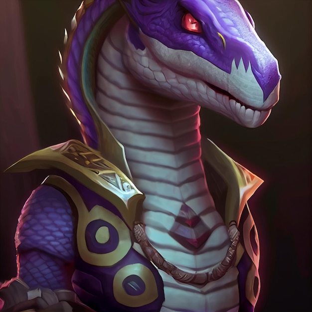 A purple dragon with a chain around his neck and a necklace around his neck.