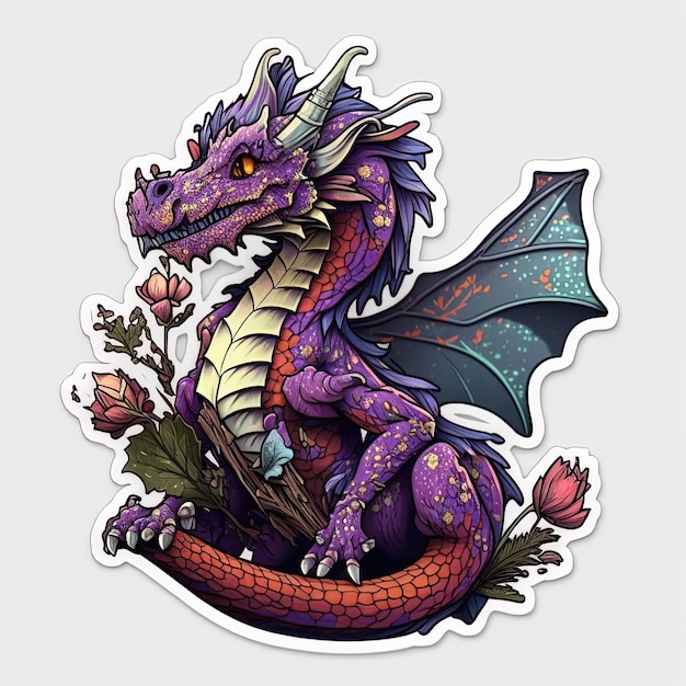 Photo a purple dragon with a flowery tail sits on a white background.