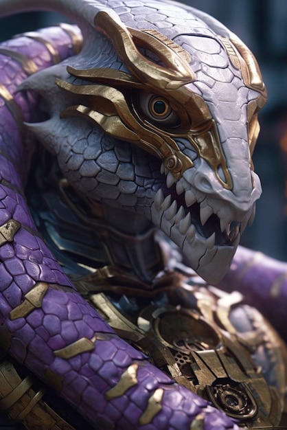 A purple dragon with a gold snake on its head