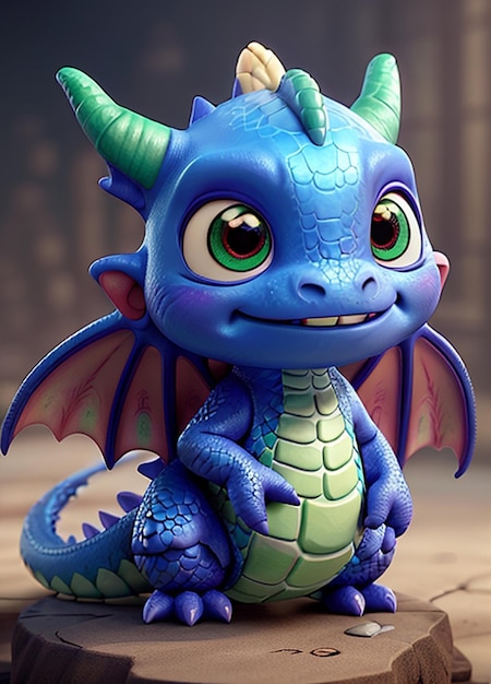 a purple dragon with green eyes and a yellow nose