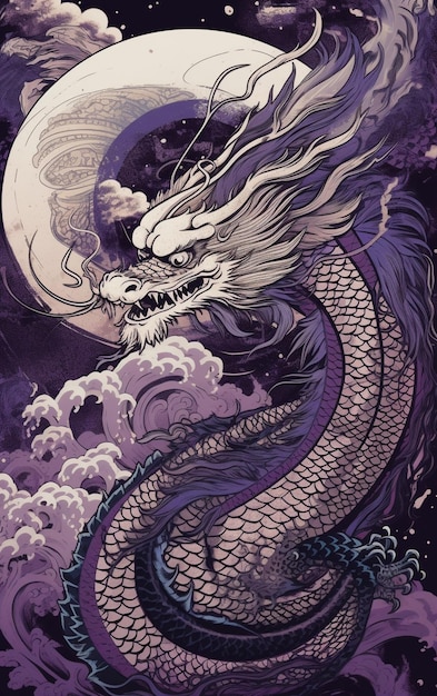 A purple dragon with a moon in the background