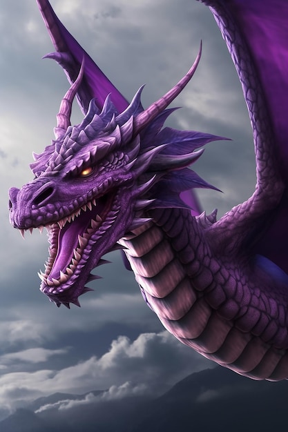 A purple dragon with a purple face and a purple head.