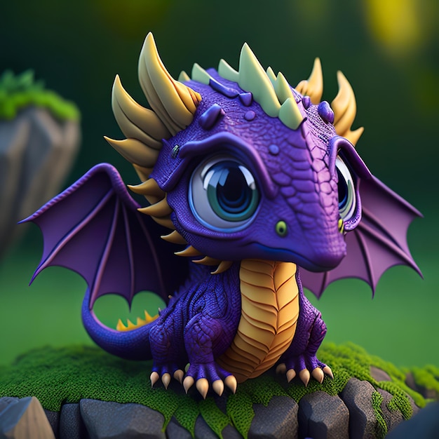 A purple dragon with wings and wings is sitting on a rock.