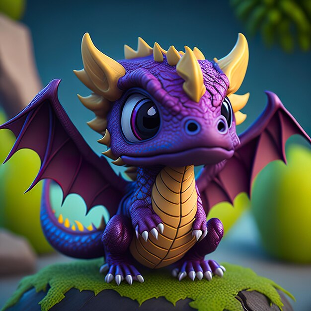 A purple dragon with a yellow tail sits on a green rock.