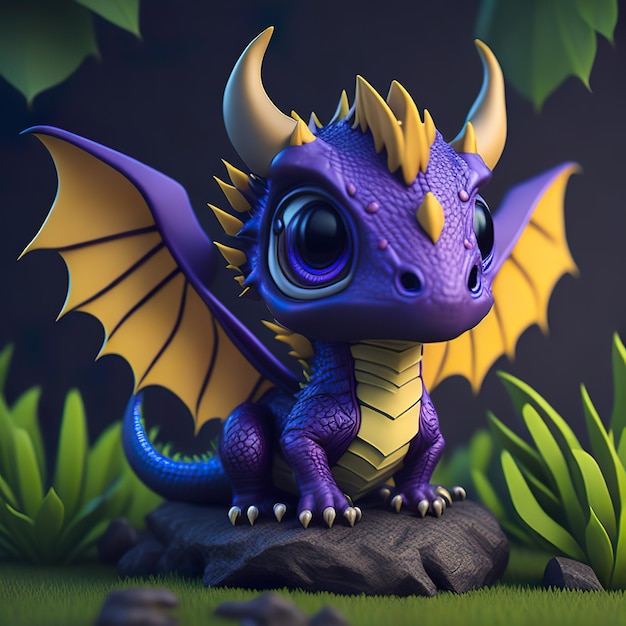 A purple dragon with yellow wings sits on a rock in the grass.
