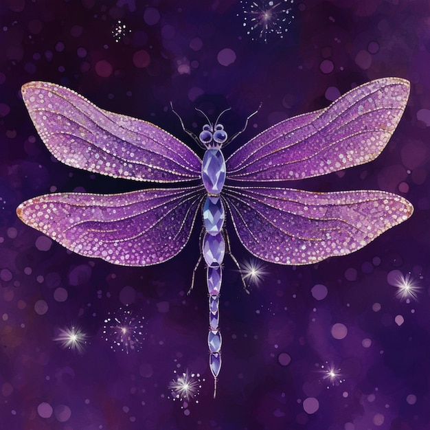 A purple dragonfly with purple wings is on a purple background with stars.