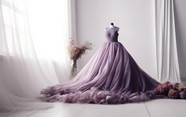 A purple dress on a mannequin in a white room