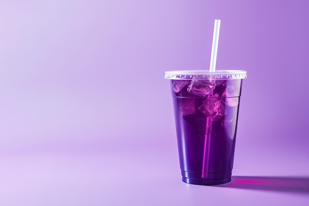 Purple drink in a plastic cup isolated on a purple background Take away drinks with copy space