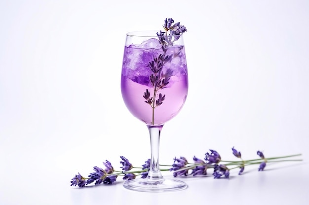 a purple drink in a vintage glass for sparkling wine pea flower tea or blue curacao sirup cocktail