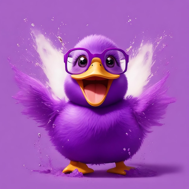 A purple duck with glasses that says duck wearing glasses