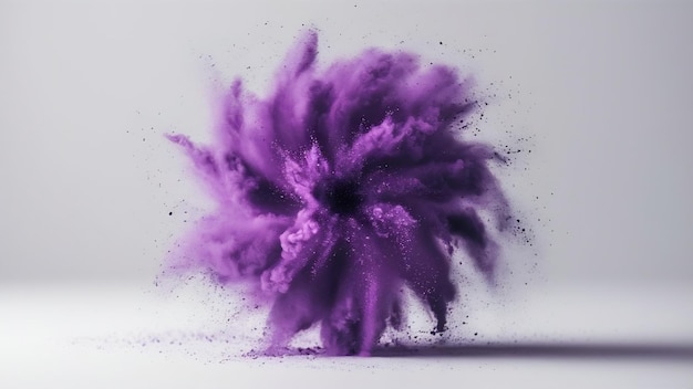 Purple dust particle explosion isolated on white background