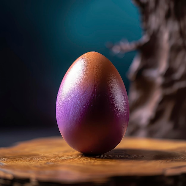 Фиолетовое яйцо лежит на деревянном столе на темном фоне.