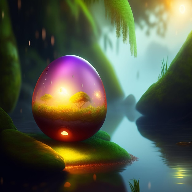 A purple egg with a tree on it in the background