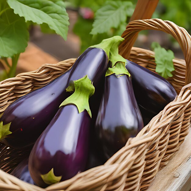 purple eggplant in a basket with leaves and a green leaf