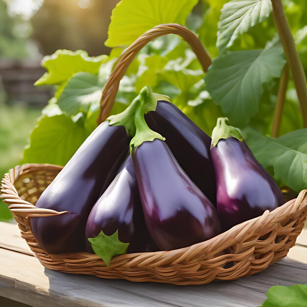 Photo purple eggplant in a basket on a wooden table