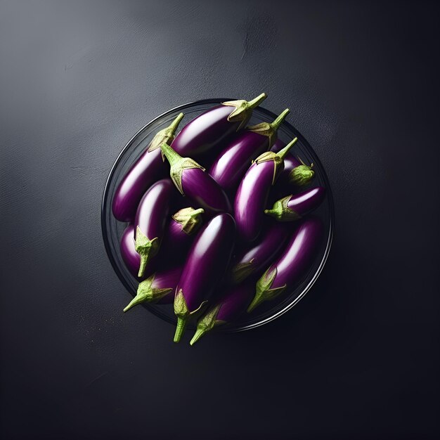 Purple eggplant glass bowl black background